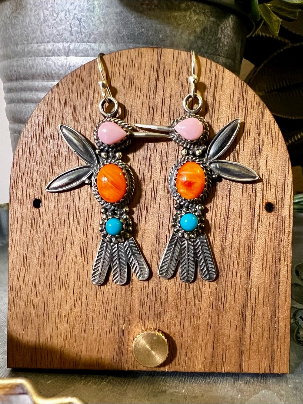 Sterling Silver Hummingbird Earrings Pink Conch Turquoise Spiny Oyster - Picture 5 of 9